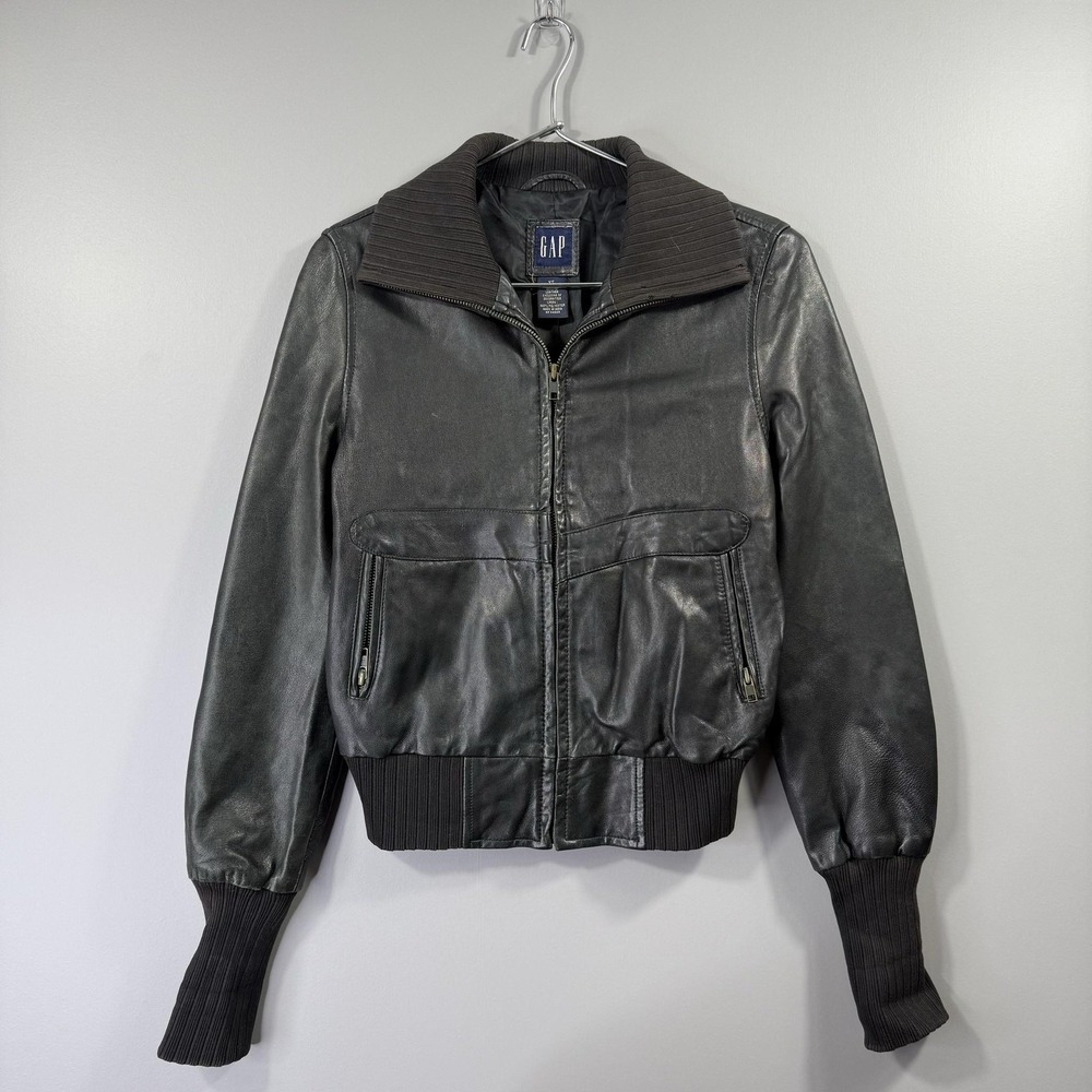 Gap Leather Bomber Jacket Womens XS Black Short Ribbed Collar Zip Pockets